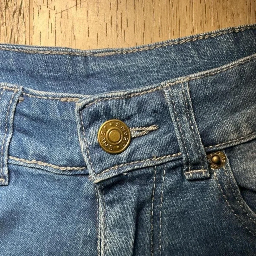 Unbranded Blue Denim Mini Skirt Frayed Hem Button Fly Size S Cutoff Y2K‎ Summer